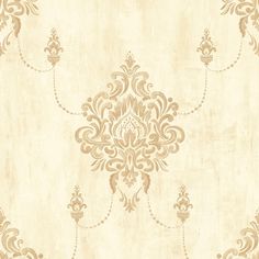 a beige and gold wallpaper with an ornate design on the bottom half of it