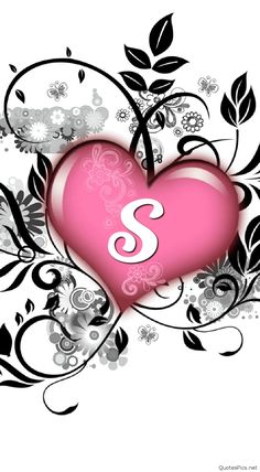 a pink heart with the letter s on it's center surrounded by flowers and leaves