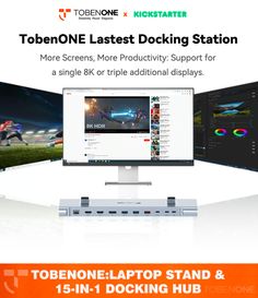 an advertisement for the tobenone latest docking station, with two monitors on each side