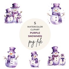 watercolor clipart snowmen with purple hats and scarfs