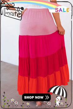 Pink Color Block Tiered Drawstring High Waist Maxi Skirt Striped Tiered Skirt For Summer, Striped Skirt For Spring Vacation, Spring Beach Striped Skirt, Spring Vacation Striped Skirt, Summer Striped Flowy Skirt, Striped Skirt For Summer Vacation, Color Block Skirt For Summer, Multicolor Color Block Skirt For Summer, Summer Multicolor Color Block Skirt