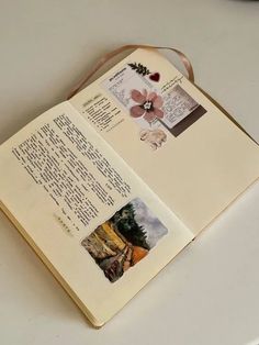 an open book with pictures and writing on it