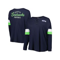 Make your Seattle Seahawks game day outfit the most stylish it has ever been with this Athletic Varsity T-shirt from New Era. It features a lace-up V-neck that allows you to maintain your desired fit during every wear. The contrast-color insets and iconic team graphics make this vibrant top perfect for showing your support for the Seattle Seahawks.Make your Seattle Seahawks game day outfit the most stylish it has ever been with this Athletic Varsity T-shirt from New Era. It features a lace-up V- Varsity Jersey Tops For Fan Gear, Jersey Tops For Game Day, Sports Fan Style, Jersey Sports Fan Top For Game Day, Jersey Material Sports Fan Top For Game Day, Navy Tops For Game Day During Sports Season, Game Day Jersey Tops For Fans, Game Day Jersey Fan Apparel Tops, Game Day Fan Apparel Jersey Tops, Jersey Tops For Game Day Fan Apparel