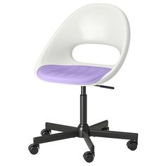 a white and purple office chair with wheels on an isolated surface, viewed from the front