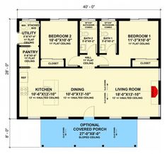 the floor plan for a two bedroom house with an attached bathroom and living room area