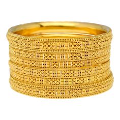 Our 22K Yellow Gold Artisan Bangle Set of 6 has an stylish design that can be worn with anything from casual looks to traditional wear and other formal attire. Features• Virani signature 22K yellow gold.• Filigree design. • Set of 6 bangles. Specifications• Minimum Bangle Width - 5 millimeters • Maximum Bangle Width - 10 millimeters• Bangle Diameter - 61 millimeters• Bangle Size - 2.6• Total Weight - 91.4 grams 22k Gold Meenakari Bangle In Yellow Gold, 22k Yellow Gold Bangle With Meenakari, 22k Yellow Gold Meenakari Bangle, Yellow Gold Meenakari Bangle As Gift, Yellow Gold Meenakari Bangle For Gifts, Yellow Gold Meenakari Bangle For Diwali, Traditional Yellow Gold Bracelet For Wedding, Yellow Gold Meenakari Bracelets As Gift, Festive 22k Gold Round Bracelet