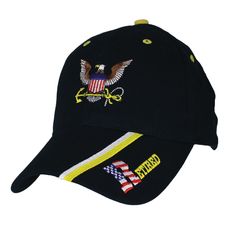 a black hat with an eagle and american flag on it