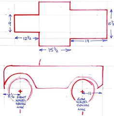 the drawing shows how to draw a truck with two wheels and four spoked tires