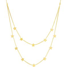 Olas d'Oro 18 Necklace - 14K Yellow Gold Double Strand Star Station Adjustable Necklace Yellow Gold Star-shaped Jewelry With Delicate Chain, Yellow Gold Star Of David Necklace With Delicate Chain, Yellow Gold Star Necklace With Clavicle Chain, Celestial Style Yellow Gold Necklace With Delicate Chain, Celestial Yellow Gold Necklace With Delicate Chain, Celestial Star-shaped Yellow Gold Necklace, Celestial Star Yellow Gold Necklace, Celestial Yellow Gold Star Necklace, Yellow Gold Celestial Necklace For Formal Occasions