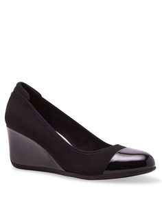 Anne Klein Black Taite Wedge Elegant Black Slip-ons For Summer, Fitted Synthetic Wedge Heels, Modern High Heel Wedge Sandals For Formal Occasions, Formal Modern High Heel Wedge Sandals, Formal Black Synthetic Slip-ons, Elegant Synthetic Slip-ons For Office, Fitted Synthetic Wedge Sandals, Modern Wedge Heels With Cushioned Footbed, Elegant High Heel Wedge Sandals For Formal Occasions