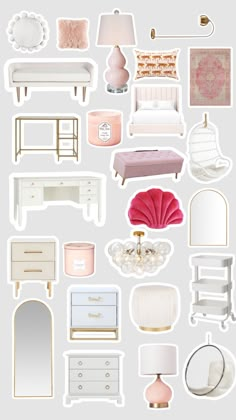 an assortment of furniture and lamps are arranged in the shape of a collage on a white background