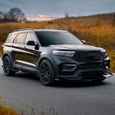 the new ford explorer is driving on a road in front of tall grass and bushes