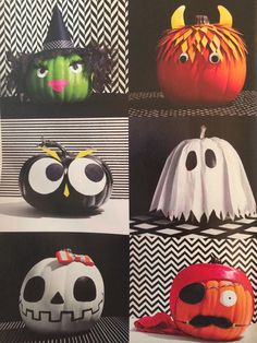 several halloween pumpkins with faces and noses on them