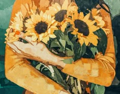 a painting of sunflowers being held by a woman's hand in an orange dress