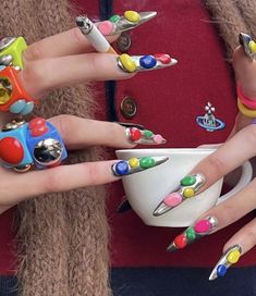 Funky Nail Ideas Acrylic, Crazy Acrylic Nails Designs, Primary Color Nails, Decora Nails, Crazy Acrylic Nails, December Nails, Crazy Nails, Pearl Nails, Clothes And Shoes