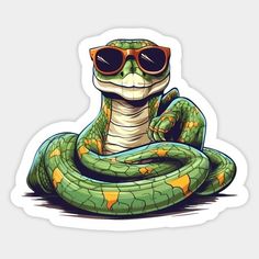 a green snake with sunglasses on it's head