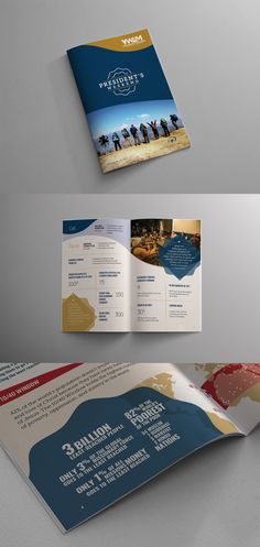 an open brochure is shown in three different colors