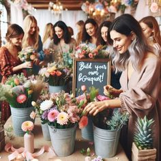 a group of women standing next to each other in front of potted plants and flowers