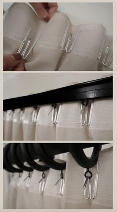 three pictures showing how to hang clothes on hooks and tie them down with clippings