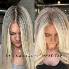 This is a great visual explaining the difference between a root smudge vs a root tap! Save it! 🔥 By @kianna.hair ❕Root smudge vs. Root… | Instagram Highlights On Grown Out Roots, Blonde Root Grown Out, Blonde Highlights Close To Root, Highlight Touch Up Hair Roots, Root Tap With Money Piece, Full Head Blonde Highlights With Root Smudge, Blonde Root Touch Up Highlights, Root Smudge Vs Shadow Root, Blonde Babylights With Root Smudge