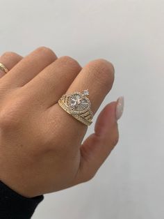 Crown and saint jude ring in 14k gold, 3 tones yellow gold, rose and white gold, very detailed piece, excellent quality, you can use it daily or for special occasions, it has adding cubic zirconias, size 7 but we can make it as you need it, send a message if you have a question, item sold by piece, weight undetermined. Gold Heart Ring With Center Stone In Cubic Zirconia, Fine Jewelry Gold Heart Ring With Center Stone, Gold Heart Ring With Center Stone, Gold Heart Ring With Halo Setting, Gold Heart Ring With Center Stone In 14k Gold, Gold Diamond Heart Ring With Halo Setting, St Jude, Gold Crown, Rings Statement