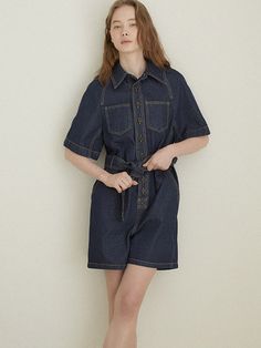 Soft and structured, these denim overall feature wide short sleeves and short length hem. They are accentuated with color stitches throughout, and adjustable strap belt. - Intended for a loose fit- Cotton denim fabric- Casual open collars and button fastenings through front- Chest and side pockets- Detachable strap belt at waist Denim Fabric, Denim Shorts, Dark Blue, Overalls, Loose Fitting, Short Sleeves, Blue, Fabric, Color