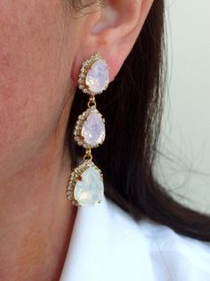 "Pink opal white opal LONG Chandelier earrings, Drop earrings, Dangle earring Silver or Gold Swarovski Blush Bridal earrings, Bridesmaid gift THIS IS \"TINE ELDOR'S JEWLERY\" ORIGINAL DESIGN!! THESE STUNNING EARRINGS CAN BE CUSTOM MADE WITH CUSTOM COLORS AND METAL PLATING. PLEASE CONTACT ME. Stunning beauty. These earrings are so romantic. They would be great for a bridal wedding or with an evening dress. Perfect gift for bridesmaids or any other occasion. They are made of gold plated brass and Elegant White Pink Opal Jewelry, Opal Jewelry With Matching Earrings For Wedding, White Long Drop Crystal Earrings For Wedding, White Long Drop Crystal Wedding Earrings, Opal Drop Earrings For Wedding, Pink Opal Earrings, White Opal Earrings, Bridal Earrings Chandelier, Long Chandelier