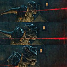 three images of godzillas in the rain with red light coming from their mouths and head