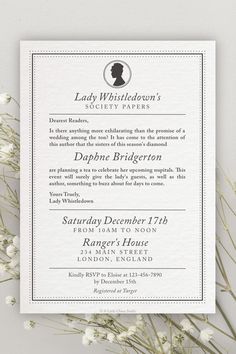 a white wedding card with the silhouette of a woman on it and flowers in front