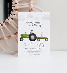 a wedding card with a tractor and girl on it