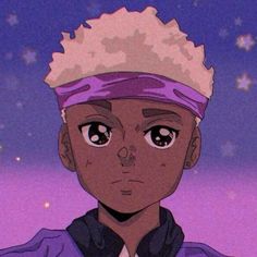 an animated image of a young man wearing a purple shirt and headband with stars in the background