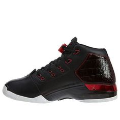 The Air Jordan 17 Retro 'Bulls' is an iconic sneaker with a luxurious design inspired by jazz music and the British Aston Martin. Its black upper features two rows of perforations and a shoe cover with a musical note pattern. The silver stabilizer at the heel adds a dynamic touch, while the outsole is patterned with golf course-inspired grooves. The Zoom Air and Blow-Molser Air cushioning provide superior performance. Perfect for basketball, running, and other sports, this stylish sneaker is a must-have for any sneakerhead. (SNKR/Basketball) Leather Jordan Shoes With Perforations For Streetwear, High-top Jordan Shoes With Perforations And White Sole, Modern High-top Jordan Shoes With Rubber Sole, High-top Jordan Shoes With Perforated Toe Box For Streetwear, Mid-top Basketball Shoes With Perforations And White Sole, Mid-top White Basketball Shoes With Perforations, White Mid-top Basketball Shoes With Perforations, White Sole Mid-top Basketball Shoes With Perforations, Mid-top Jordan Shoes With Perforations For Streetwear