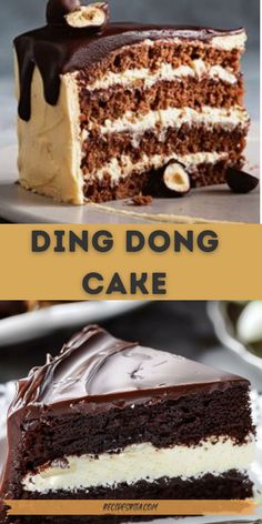 there is a piece of cake that has been cut in half and the words, ding dong cake on it