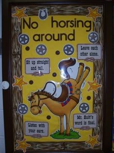 a sign that says no horseing around on the side of a wall in front of a door