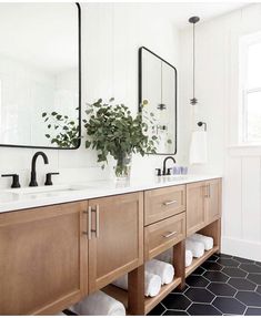 a bathroom with two sinks, mirrors and plants in the vase on the counter top