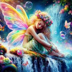 a fairy sitting on top of a waterfall next to a waterfall filled with bubbles and butterflies