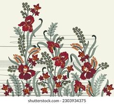 a floral background with red flowers and green leaves