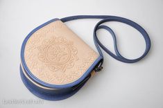 Round crossbody bag, blue white bag, genuine leather bag, tooled leather purse, shoulder leather bag Hand-tooled Blue Crossbody Shoulder Bag, Hand Tooled Blue Crossbody Bag, Blue Hand Tooled Leather Shoulder Bag, Blue Leather Hand Tooled Shoulder Bag, Hand Tooled Blue Leather Shoulder Bag, Round Crossbody Bag, Viking Belt, Fun Wallets, Leather Billfold