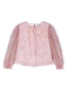 blush pink tulle netting glitter detailing flocked detailing crew neck semi-sheer long puff sleeves elasticated cuffs cotton lining straight hem keyhole detail to the rear single rear button fastening Glitter Blouse, Dress With Jean Jacket, Baby Boy Accessories, Dolce And Gabbana Kids, Girls Blouse, Pink Tulle, Long Puff Sleeves, Stella Mccartney Kids, Pink Blouse