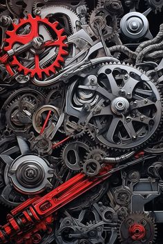 a close up view of many different gears and chains on a black background with red accents