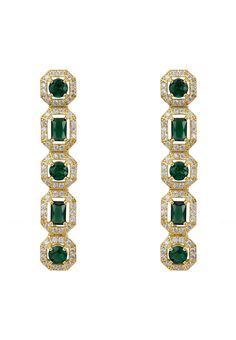 Step into a world of elegance and sophistication with the Whistledown Emerald Drop Earrings in Gold. Crafted from premium 925 sterling silver and lavishly dipped in 18ct gold, these earrings are a testament to timeless beauty and meticulous craftsmanship. The design features a stunning column of five lab-grown emeralds, alternating between round and rectangular cut, each one nestled in its own exquisite setting. Surrounding these vibrant gems is a halo of sparkling zirconia, capturing and reflec Formal Green Earrings With Metal Plating, Classic Plated Earrings For Formal Occasions, Green Plated Earrings For Formal Occasions, Formal Green Plated Earrings, Luxury Plated Earrings For Anniversary, Formal Fine Jewelry Plated Earrings, Elegant Gold Plated Green Bridal Earrings, Formal Plated Drop Earrings, Emerald Drop Earrings