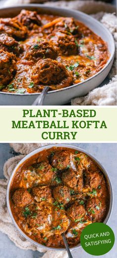 meatballs and curry in a pan with the words plant - based meatball kofta curry