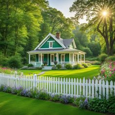 a green house with white picket fence in the foreground and flowers on the other side