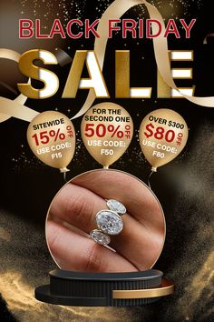 a black friday sale flyer with balloons and rings on it's display stand in front of a gold background