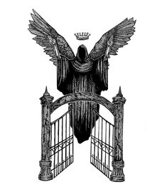 a drawing of an eagle on top of a gate with a crown in the middle