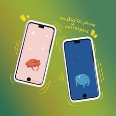 two cell phones with cartoon animals on them, one is pink and the other is blue