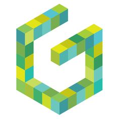 the letter c is made up of small squares in shades of blue, green and yellow