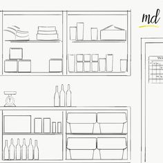 an image of a kitchen with shelves and containers on the wall, labeled mdd