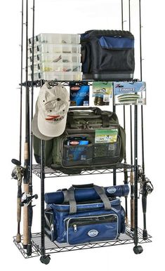 a rack with fishing gear and other items on it, including a hat, bag, rod