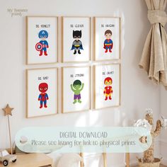 Set of 6 super hero prints are a perfect addition to any little boys nursery, child's bedroom or playroom. These adorable little heroes are also the perfect gift for any occasion. Also available in dark skinned hereos https://mytommyprints.etsy.com/listing/1586857549  DOWNLOAD SIZES AVAILABLE ----------------------------------------- You will receive 3 high resolution JPG image files in a zipped folder in the following formats ▶︎  2:3 ratio: for printing 4x6in 6x9in 8x12in 10x15in 12x18in 16x24i Toddler Bedroom Marvel, Super Hero Rooms For Boys, Little Boys Bedroom Decor, Superhero Playroom, Marvel Kids Bedroom Farmhouse, Muted Superhero Room, Boys Bedroom Decor Toddler, Marvel Kids Room Pottery Barn Kids, Little Boys Bedroom